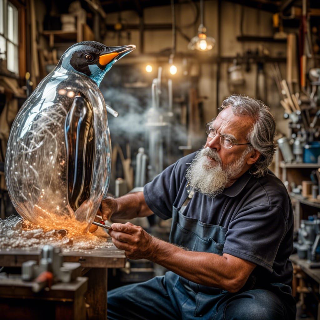 Glass blower hard at work sculpting a life size penguin  by @Des