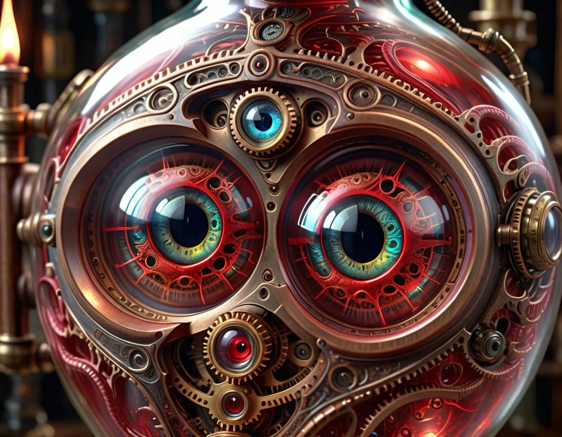 Glowing luminescent  human eyes   in an antique steampunk ja...