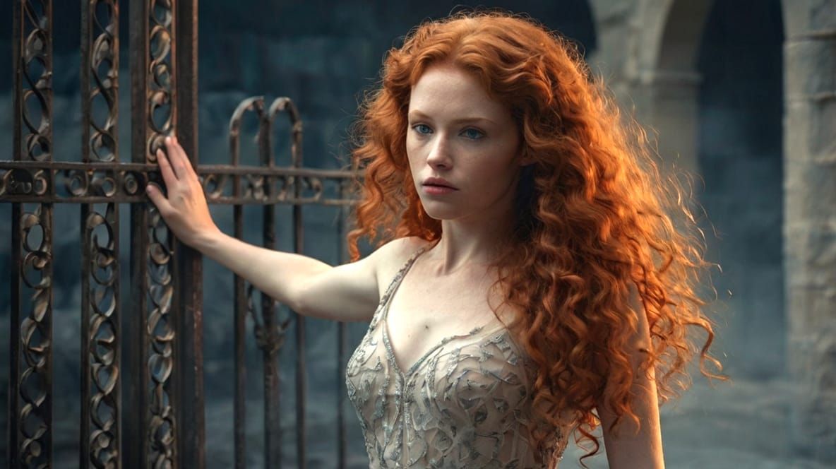 at the gates of heaven a beautiful young woman with long curly red hair and wearing a long thin silk evening dress is re...