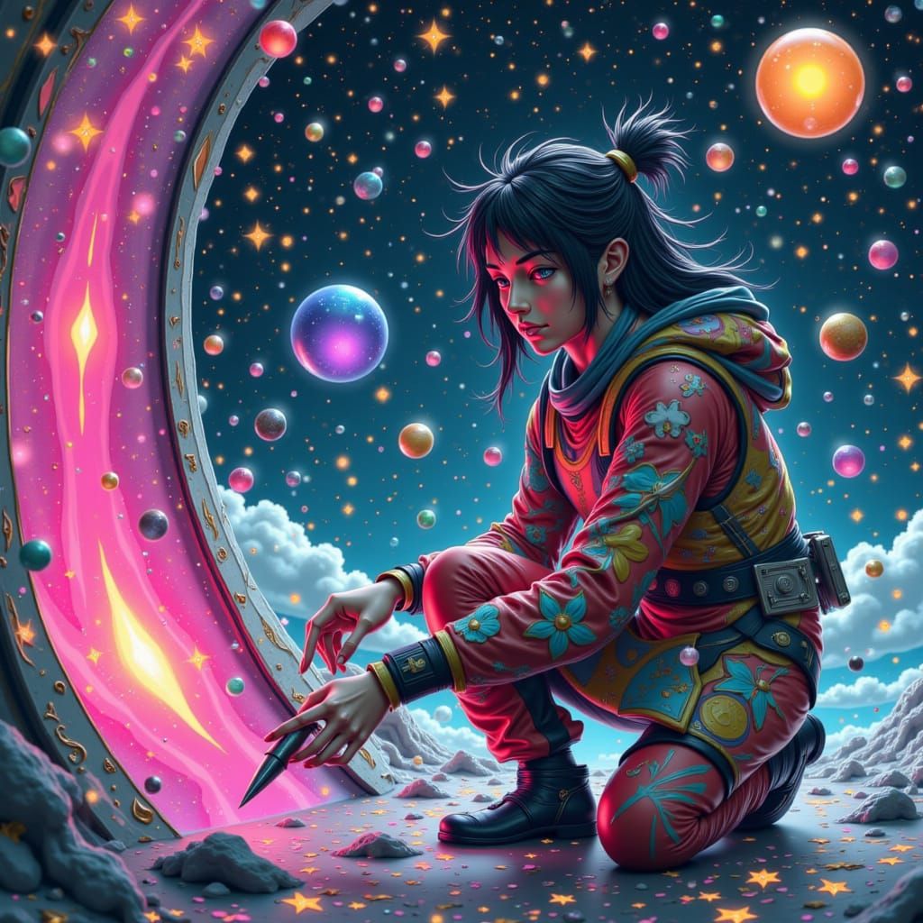 Tohsaka Rin, a lone female figure, clad in a vibrant spacesuit adorned with bright graffiti patterns, exudes determination as she spray-pain...