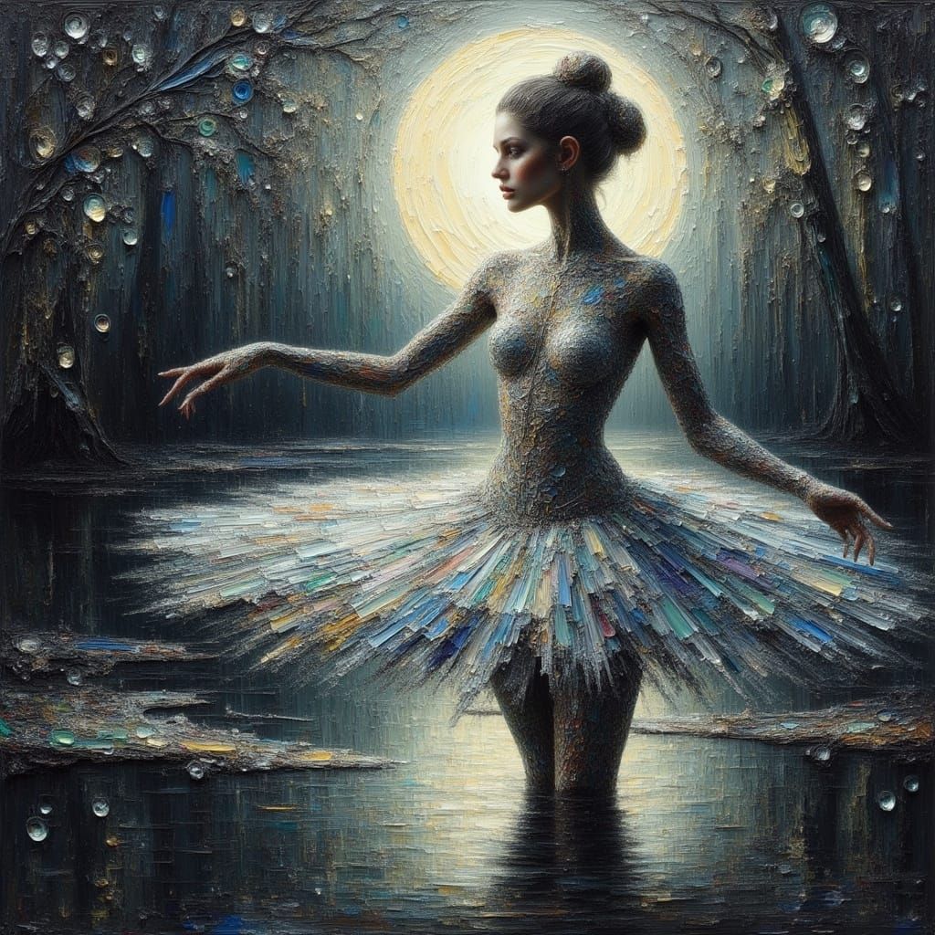 <lora:Impax v2:1.0>oil impasto a beautiful  ballerina in a pond under the moonlight  , made with harsh strokes in a textured surface  by Rem...