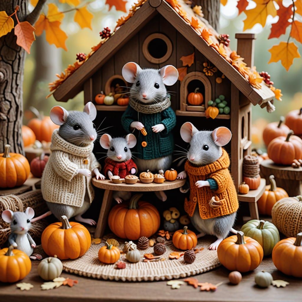 A family of really cute, squee, kawaii mice with sweaters and scarves in a cosy treehouse. They have ...  by @DW