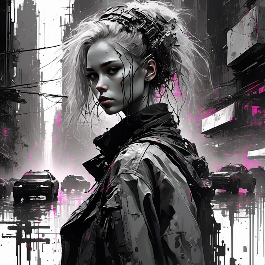 <lora:After Life:1.0> "8k; a black and white futuristic stunning athletic kitsch anime blonde  cyberpunk girl walking out side; close up fa...