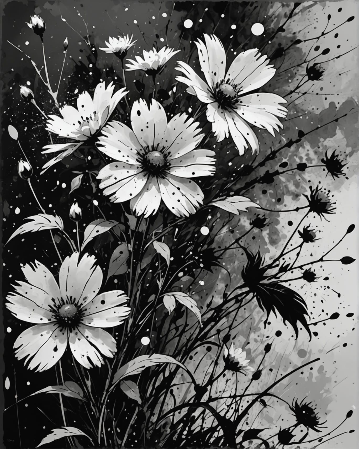 Spring storm; flowers, ink splash, splatter, 8k resolution digital concept art, expressionism, modern ...  by @Nodzius