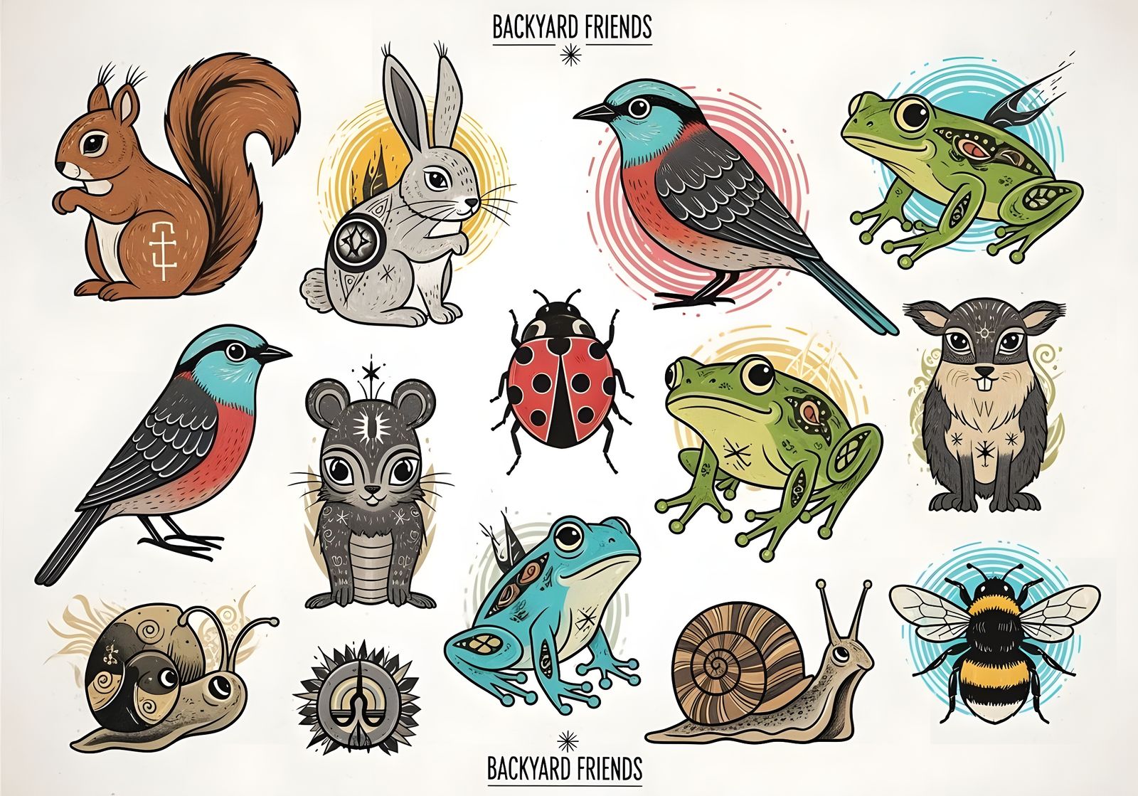 Flash Tattoo Sheet Backyard Friends  by @Gary Murakami