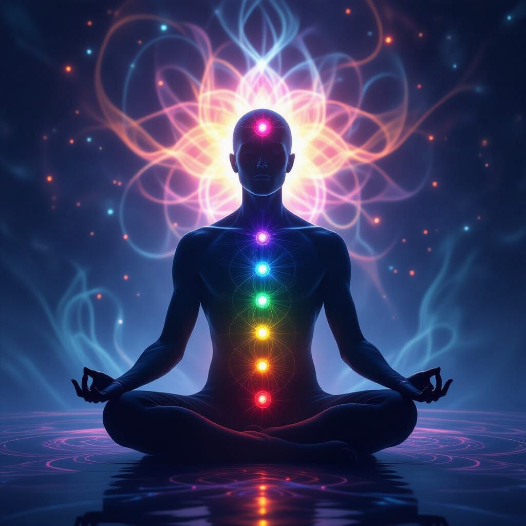 Meditating Silhouette With Glowing Chakras in Cosmic Light  by @Lady on Fire