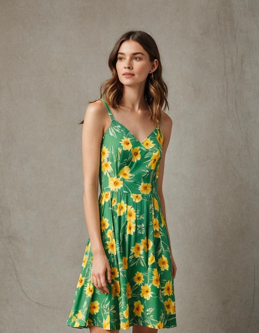 green and yellow sundress on model