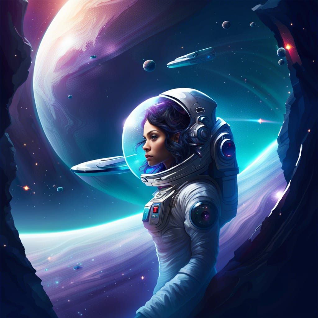 Create a fantasy world with a spaceship and a female astronaut - AI ...