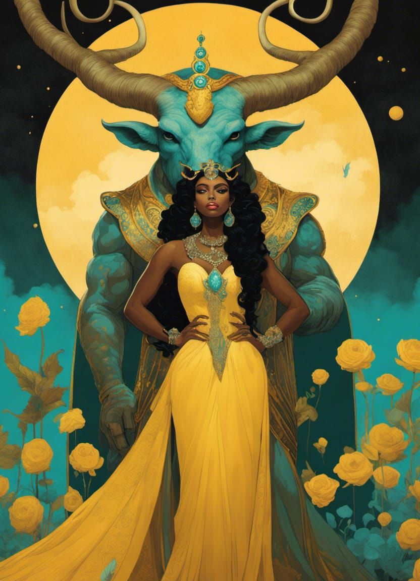 Giant wild horned carnivorous beast prince looming over a da...