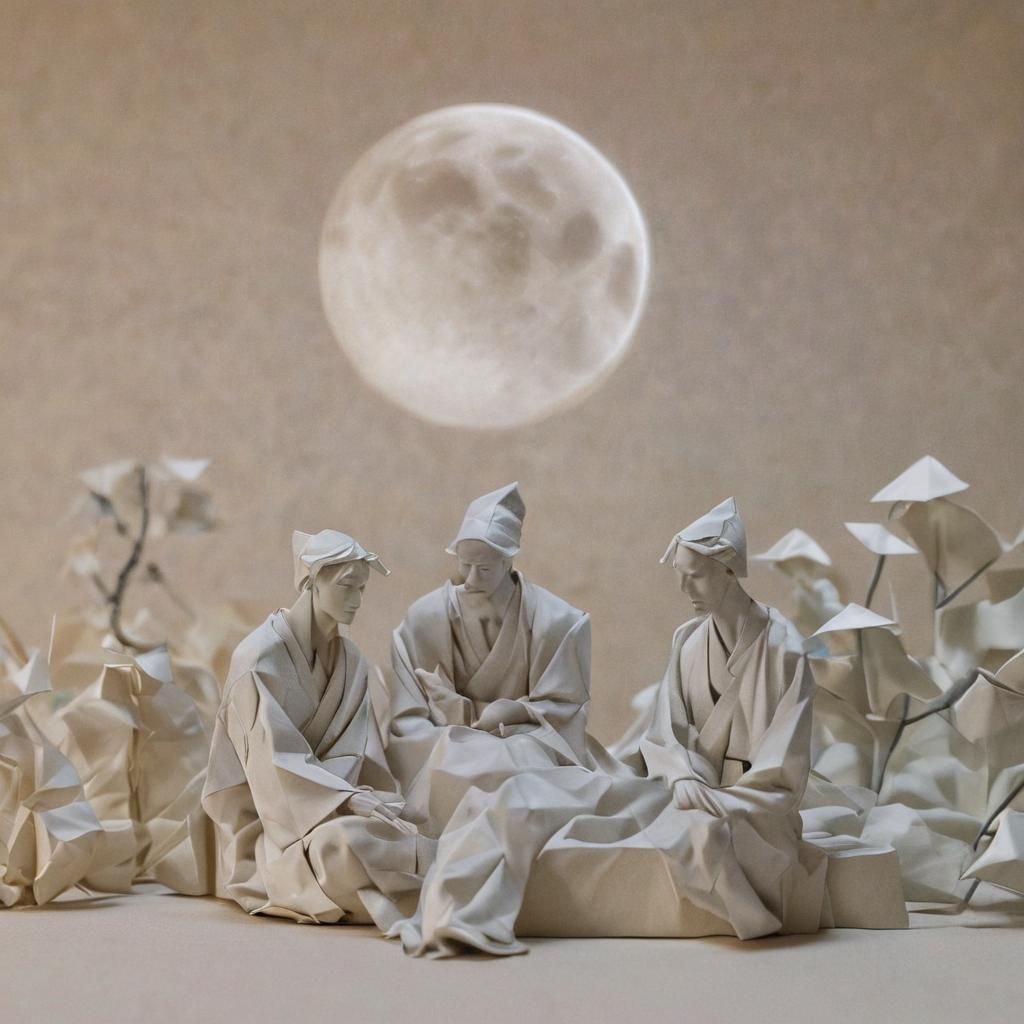 Men Under Moon in Cut Paper Art Style