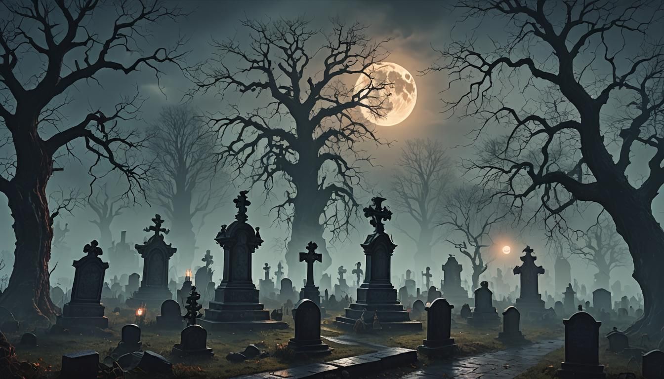 Dark graveyard mist and fog with ghouls and ghost glow of the full moon ...