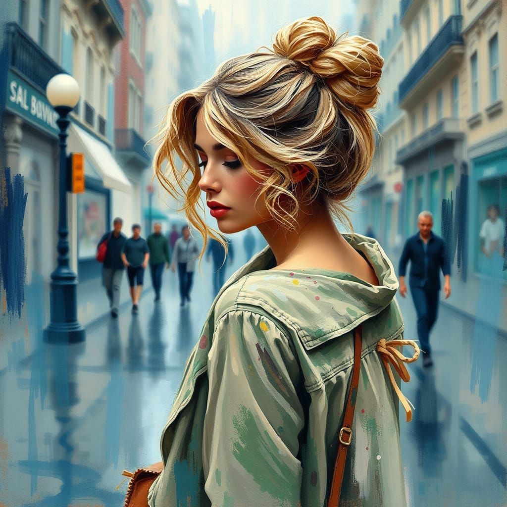 Beautiful woman, blonde curly hair, bun, boho clothes, walki...