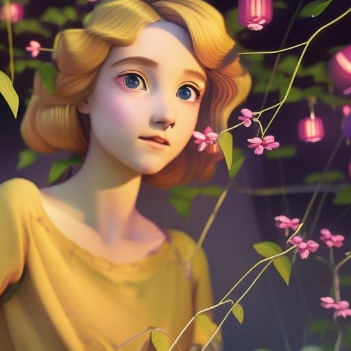 Girl with in a flower garden with lanterns - AI Generated Artwork ...