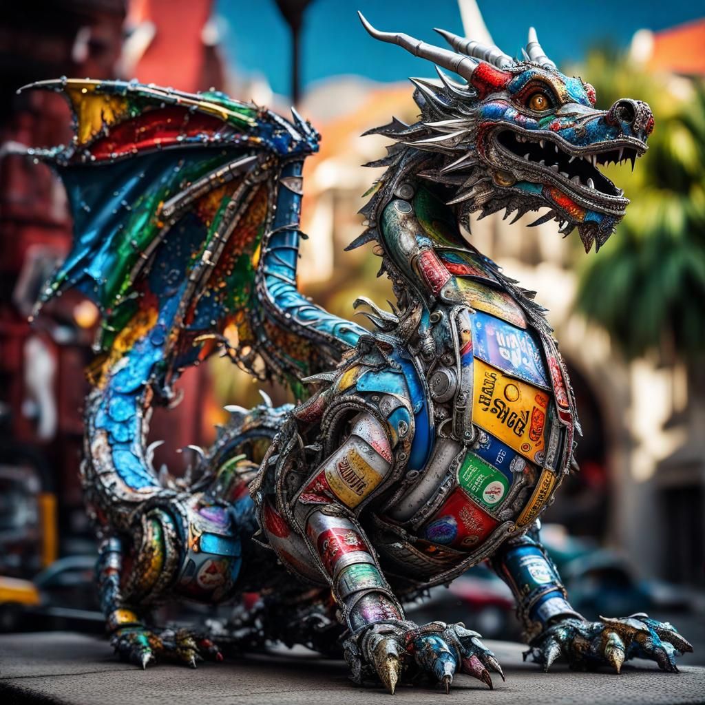 Ornate dragon sculpture creatd with aluminum cans, scrap metal and other bits of junk and detritus. High ...  by @Nolan Void