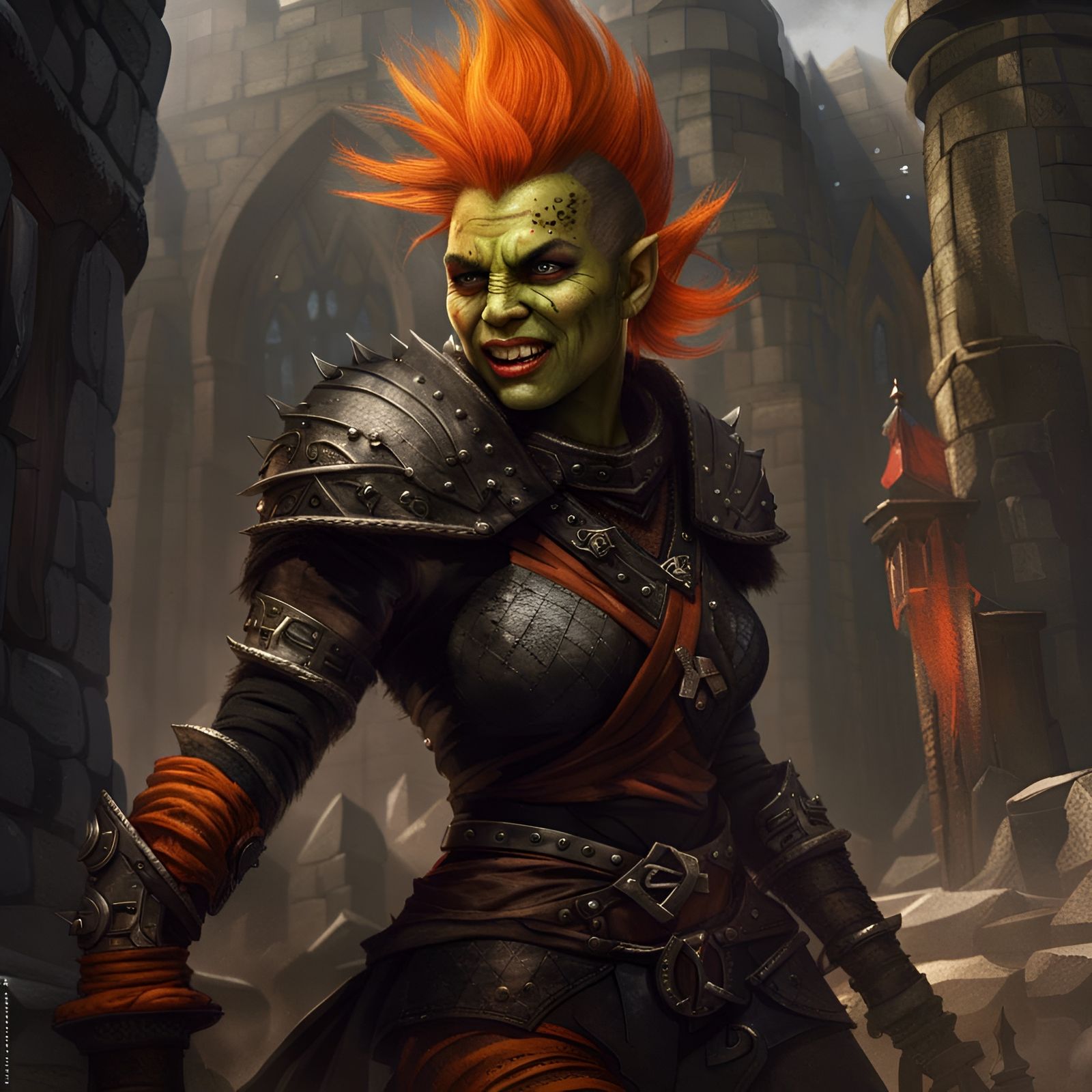 Beautiful female orc, she has a orange Mohawk, she is smilin...