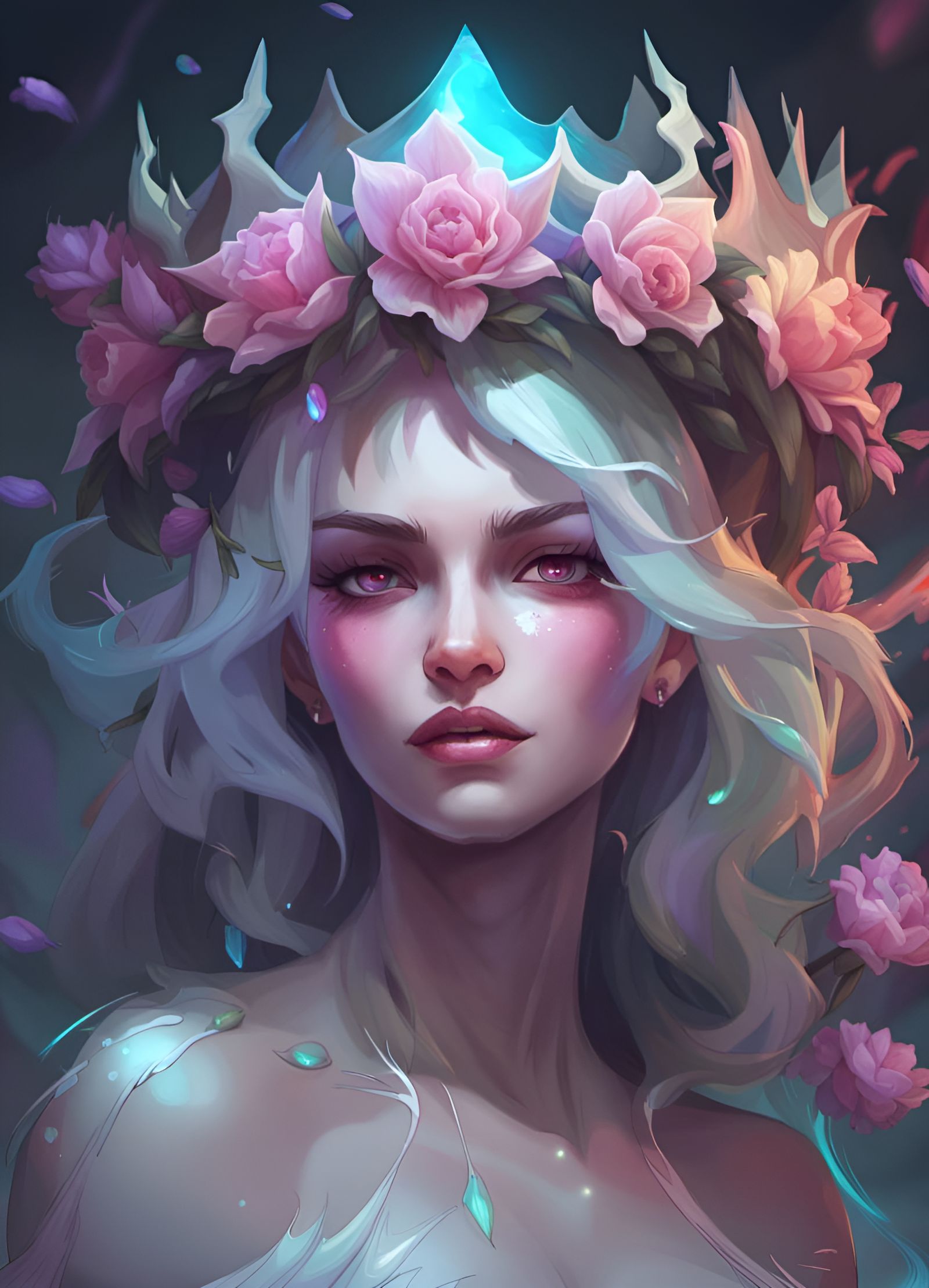 Ghost Queen with Flower Crown: Digital Art Portrait