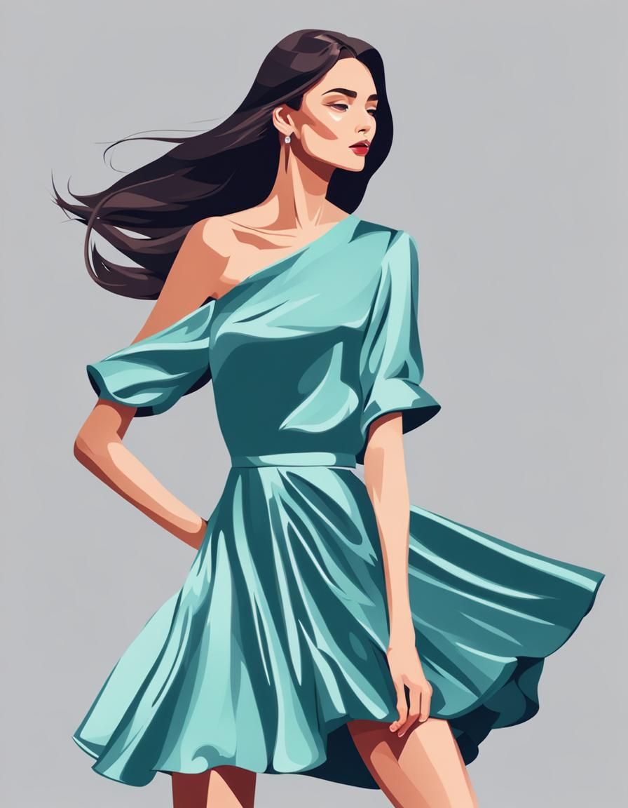 cute elegant female in satin mini dress, flat colors, wind b...