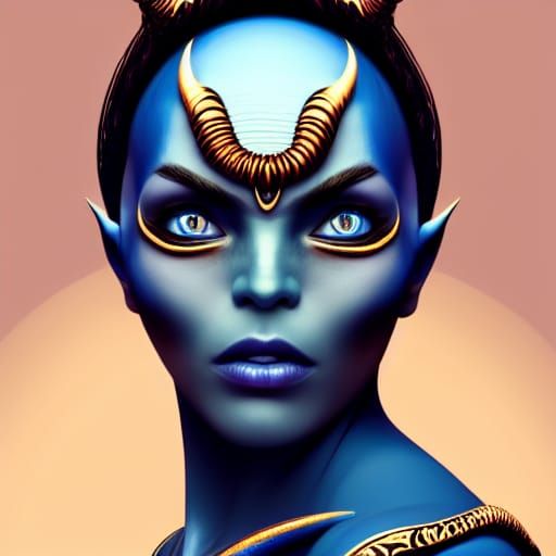 Beautiful woman alien with a beautiful face, fantastic figure, blue skin tone, and muscular, with bull horns and fur, fiery background, and...