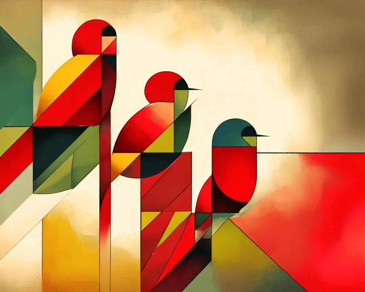 a cubist painting of three flat abstract 3birds, profile, sitting diagonal on top of each other, by Stanton Macdonald-Wright, geometric art,...