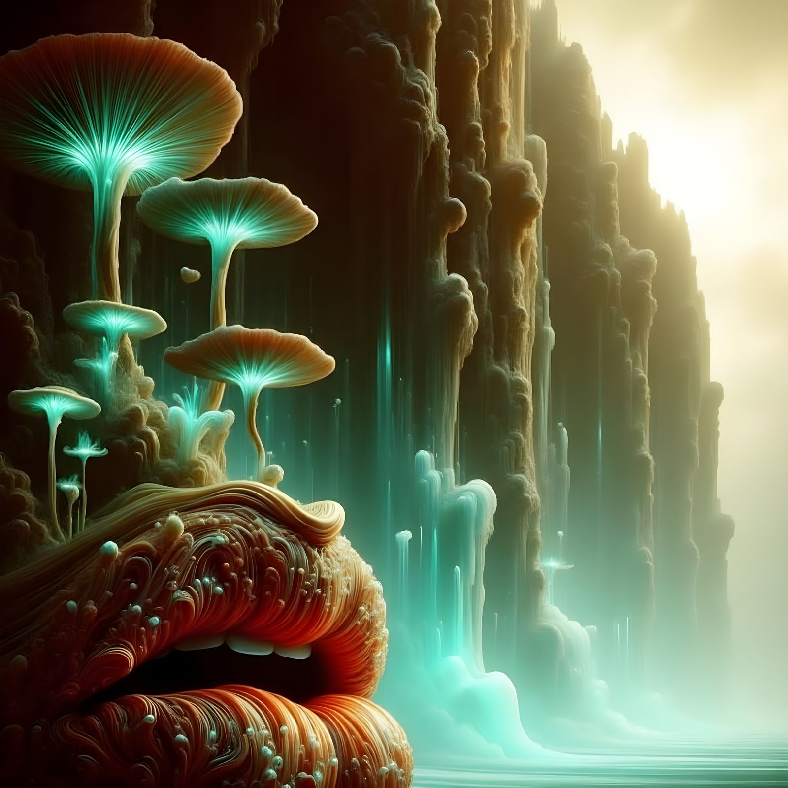 Ancient Cliff Face with Bioluminescent Mushrooms and Whisper...