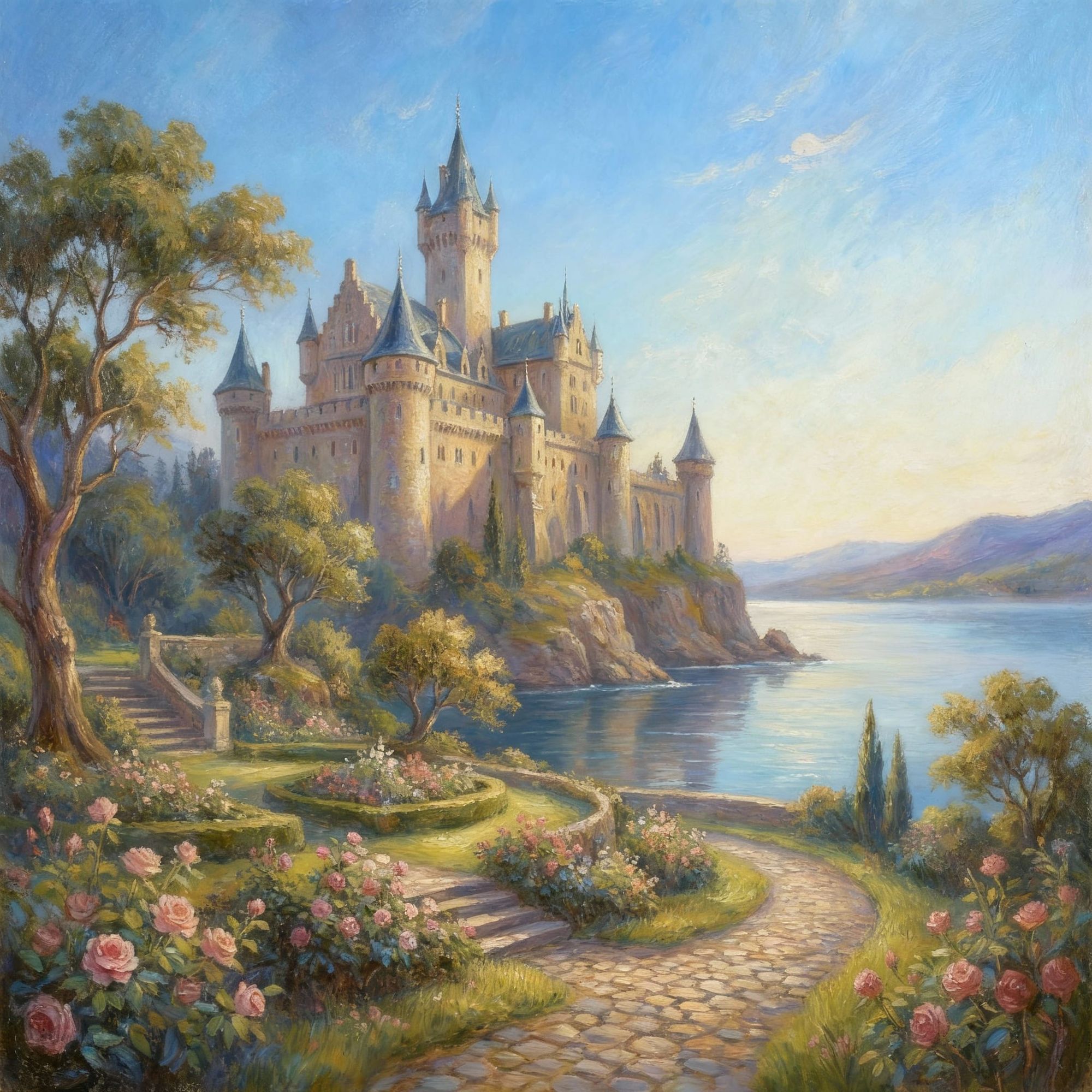 A  castle with a  flower garden and a winding path