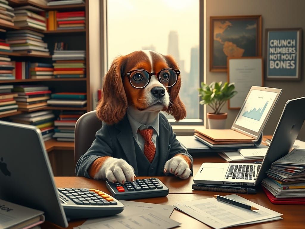Visual Description: Cavalier King Charles as an Accountant
A charming and whimsical scene of a Cavalier ...  by @undefined