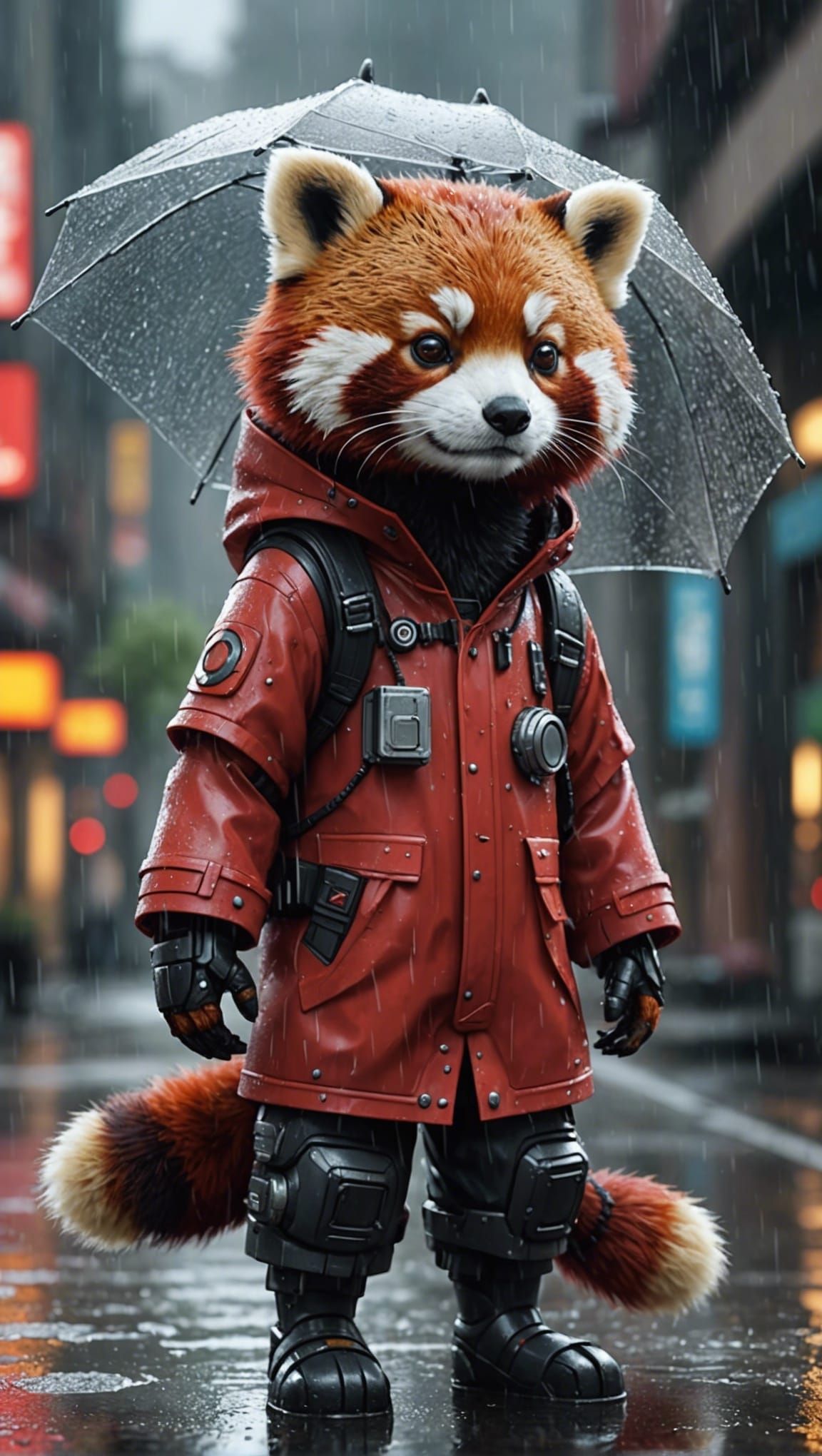 Red Panda Robot in Rain: Hyperrealistic Close-Up