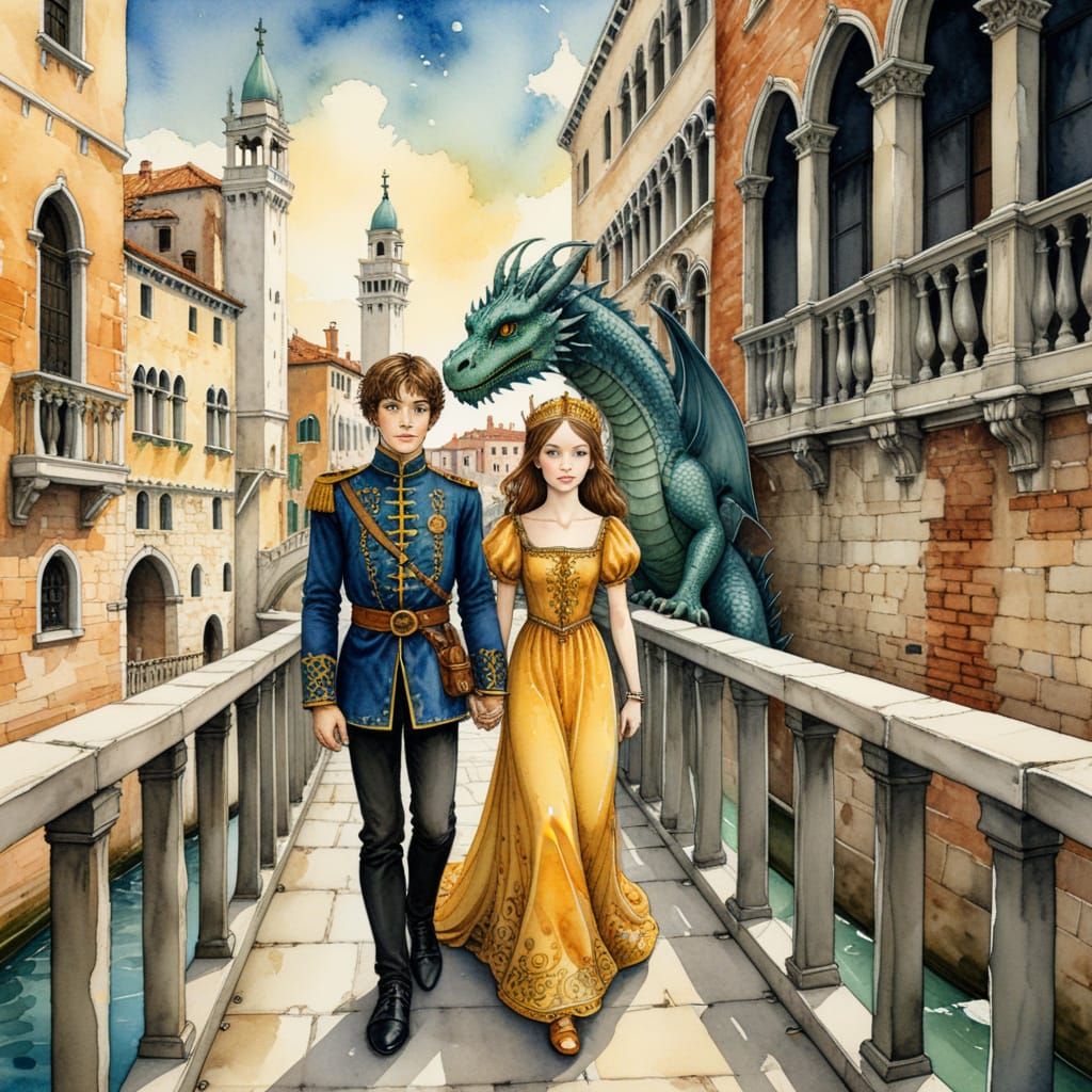 Standing on the Bridge of Sighs in Venice, A medieval  highly detailed handsome twenty five year old  prince and elegant princess and a drag...