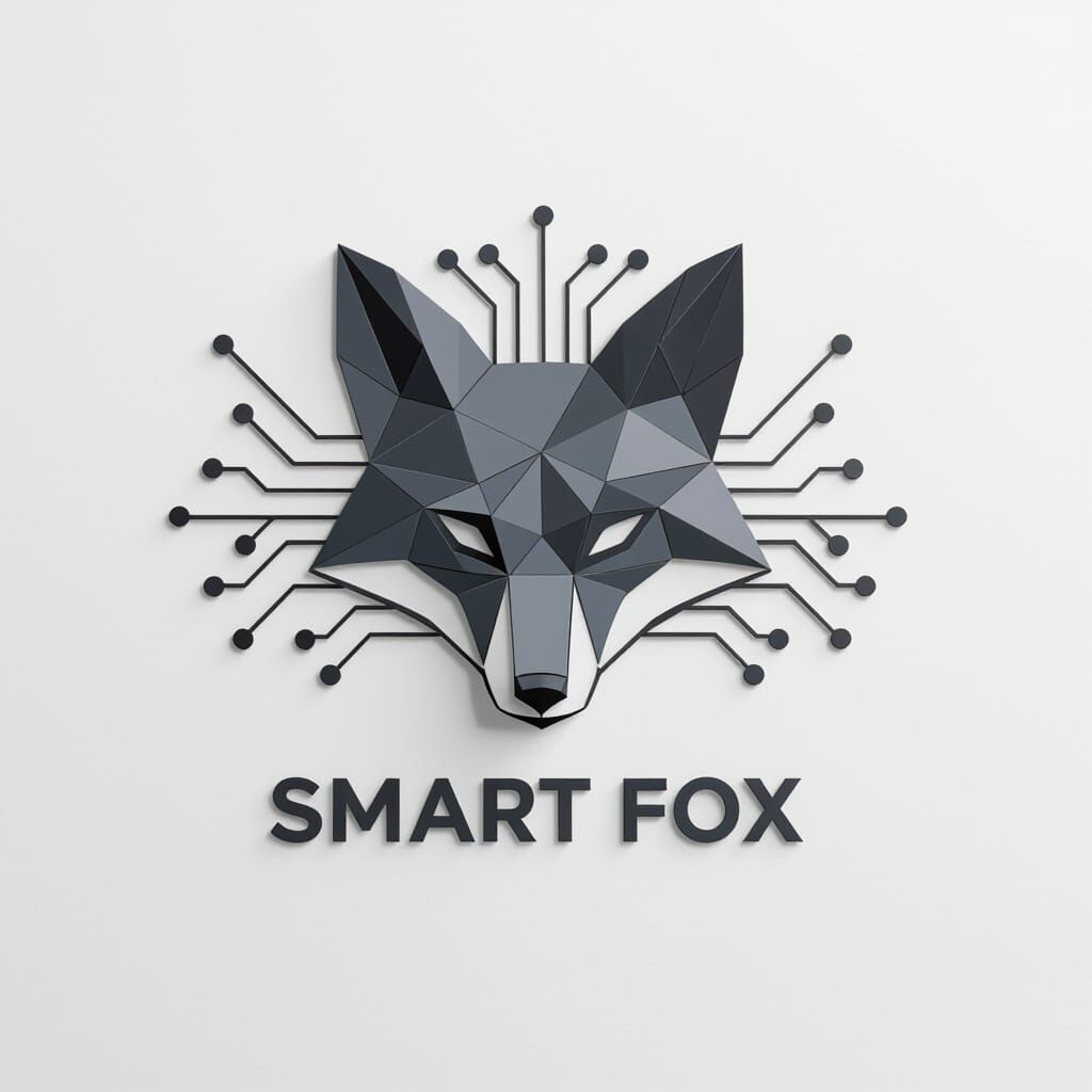 Abstract geometric logo for "Smart Fox". Create a fox silhouette using interconnected hexagonal shapes and circuit-like lines, symbolizing a...