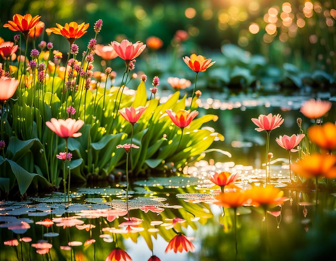 Beautiful wild garden with flowers, crystal pond, Professional photography, bokeh, natural lighting, canon lens, shot on...