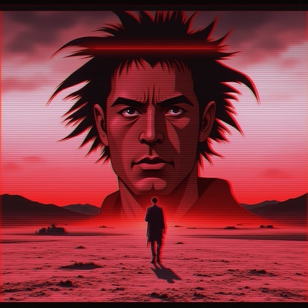 <lora:BlackWolf RedGlitch:0.7>
Damaged 1980s anime, red VHS glitches, post-apocalyptic landscape.