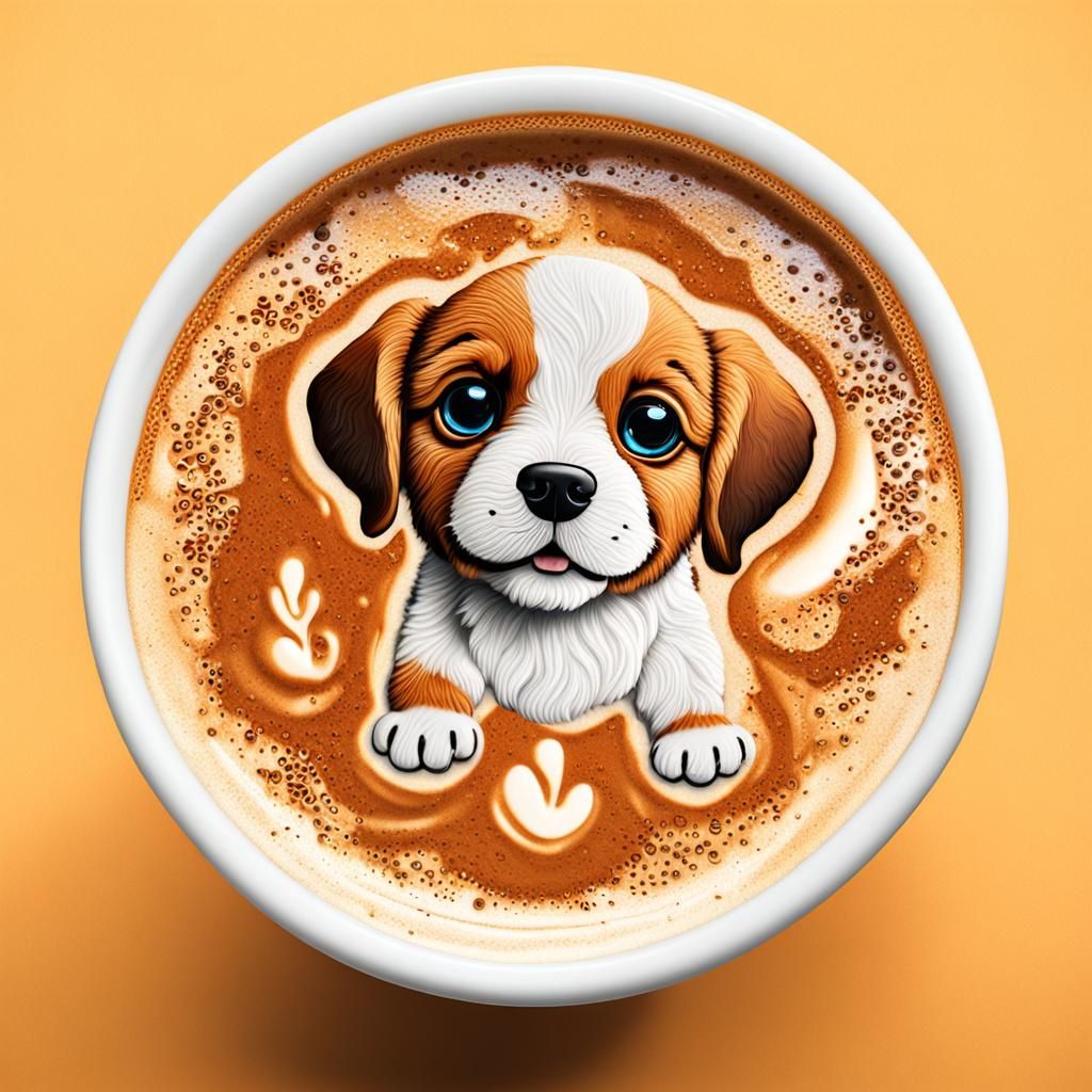 a intricate cup of coffee top view with latte art of a cute ...