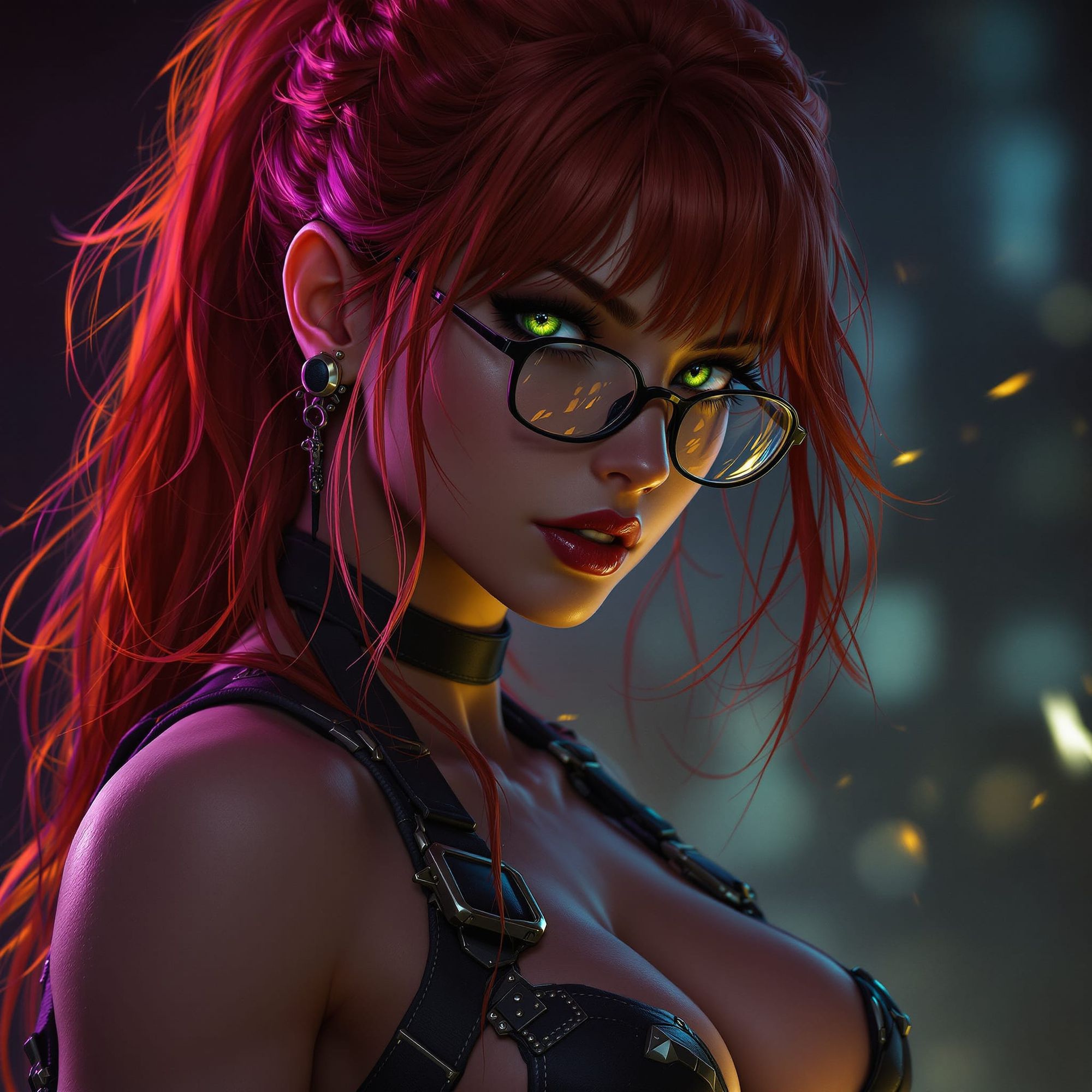  Muscular red haired woman with green eyes and glasses wearing attractive harness, a masterpiece, 8k resolution, dark fantasy concept art, b...