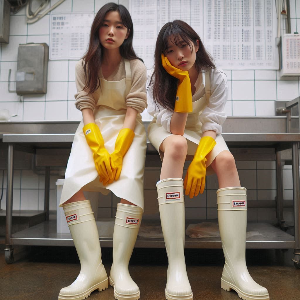 Two tired 30 year old korean women, preparing to a kitchen, wearing yellow rubbergloves, white rubber boots made by Hunt...
