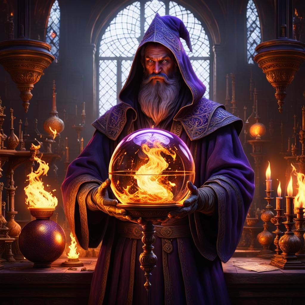 male wizard in an alchemy lab holding a large glass globe full of fire ...