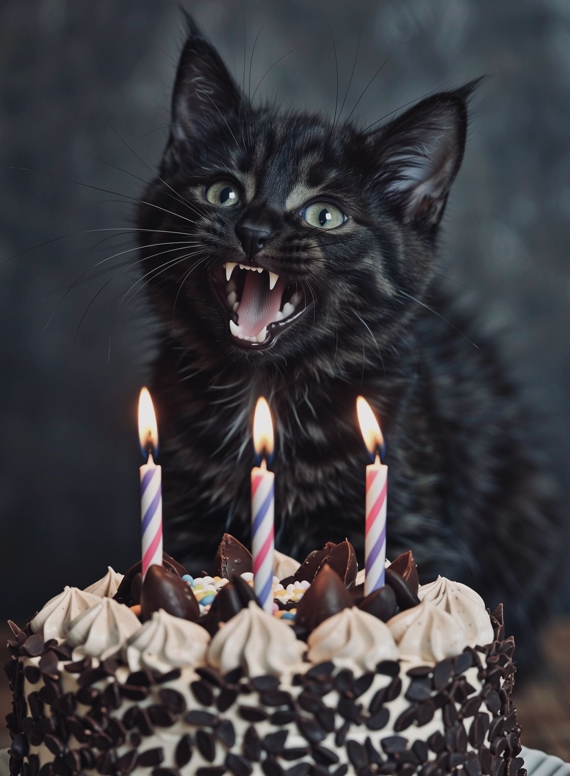 an adorable charcoal black kitten, with pointy sharp teeth. ...