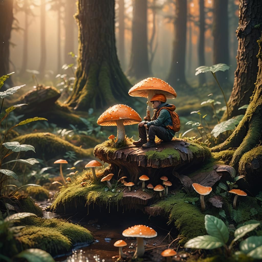 Macro photography of a tiny f man sitting on a mushroom. Dew drops reflect the morning light.
