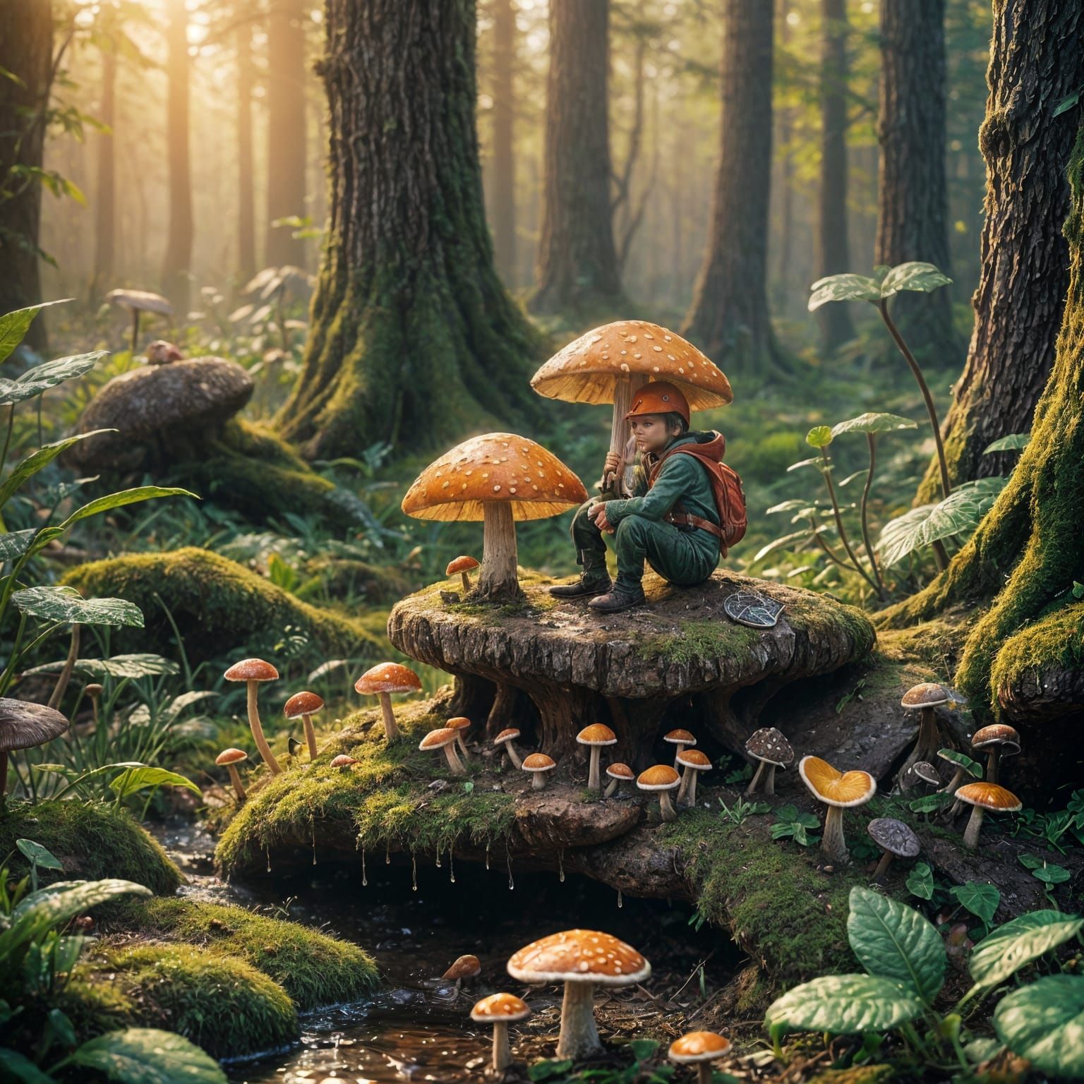 Macro photography of a tiny f man sitting on a mushroom. Dew...