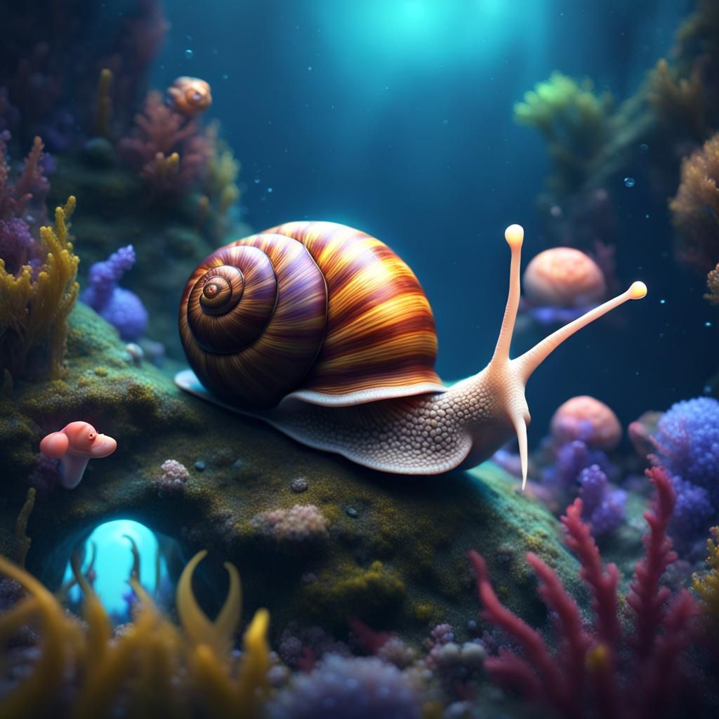 Glowing adorable normal snails and animals in deep sea - AI Generated ...