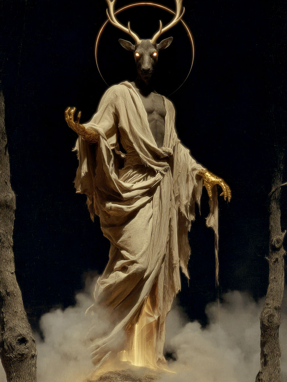 “Crowned by the forest’s silence, veiled in gold and shadow;...