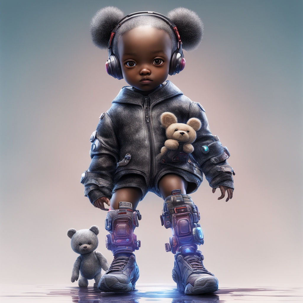 Cyborg child and cute teddy bears