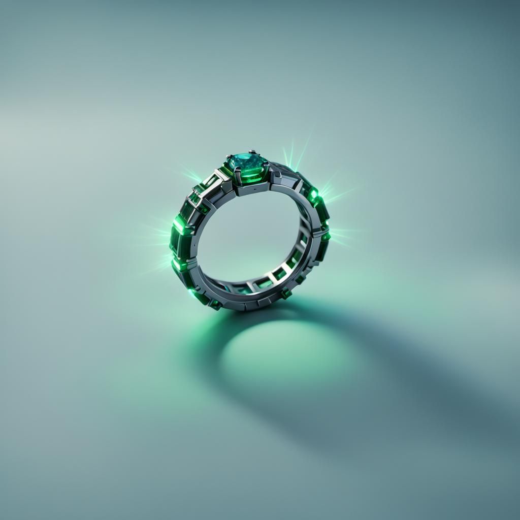 A ring with green emerald in its center.

The band of the ring glows with blue electricity and the space in between has a small universe.