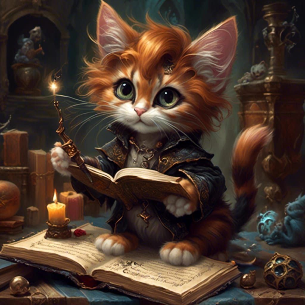 Calico Kitten Casting Spell in Fairytale Dark Style