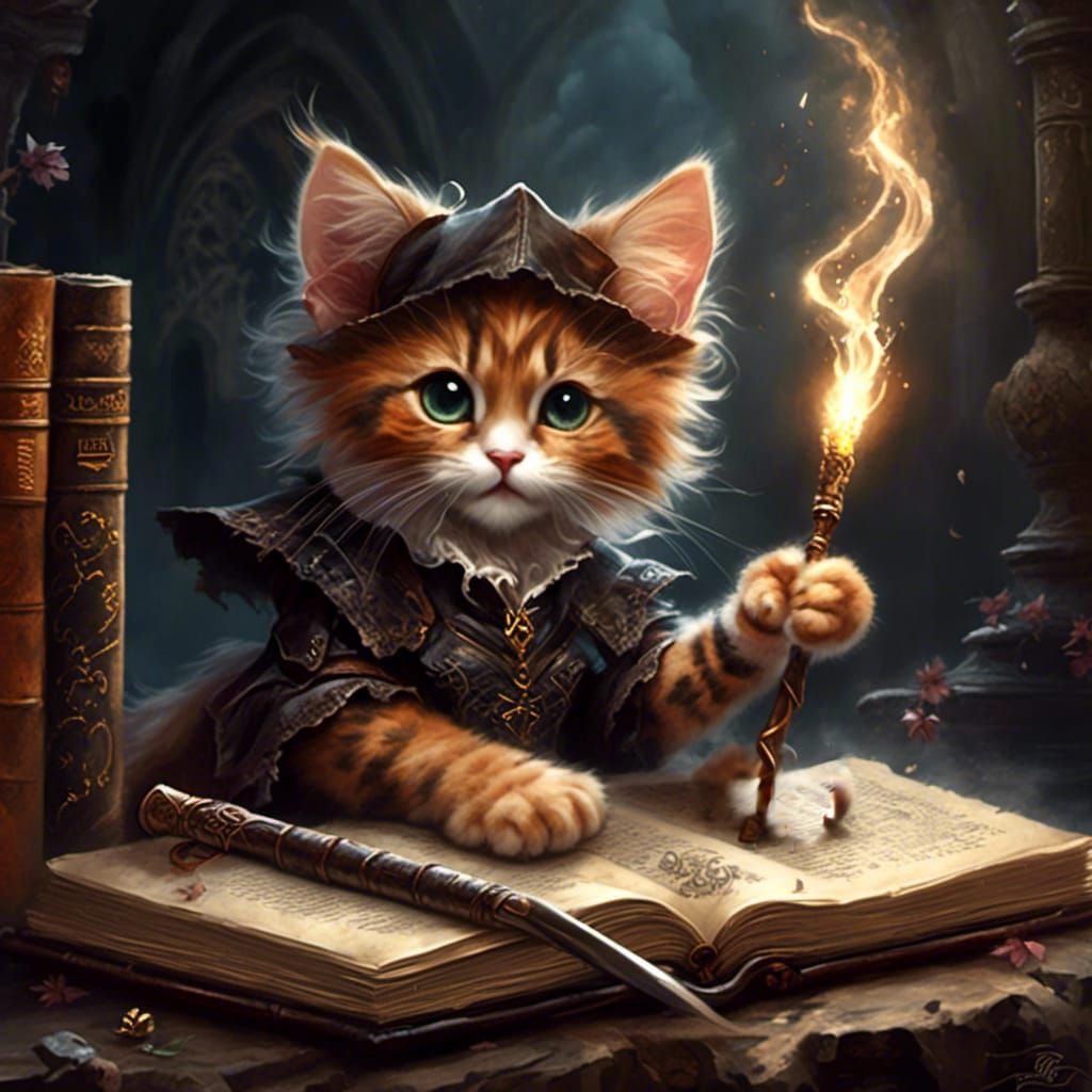 Calico Kitten Casting Spell in Dark Fairytale Style