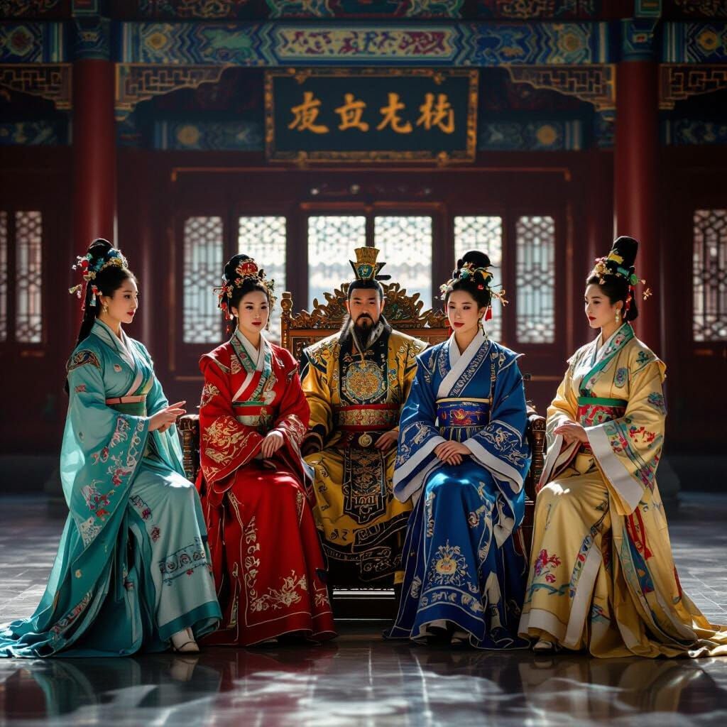 Ancient Chinese Emperor with Four Beauties in Forbidden City