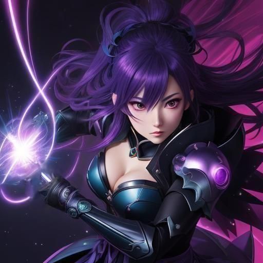 Anime girl, full suit of body armor, casting a bright spell, lots of purple, Masterpiece, Best Quality, flat, Manga Scan, Anime, cinematic l...