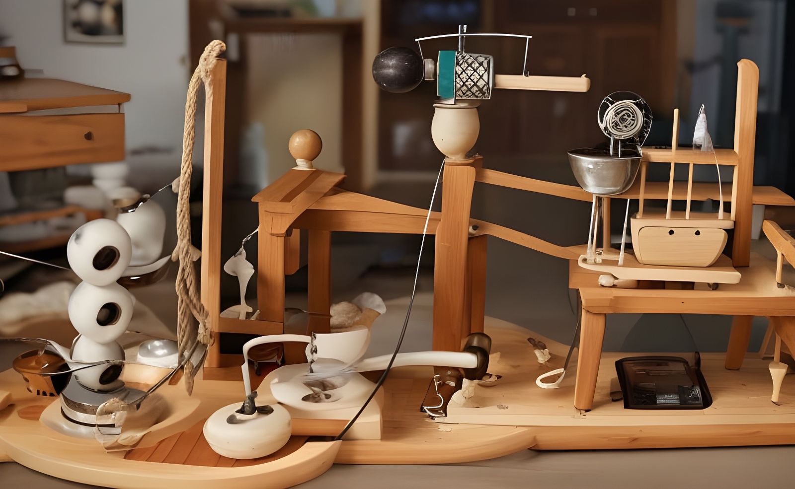 A Rube Goldberg Machine that Makes Toast, bowling ball, electric fan