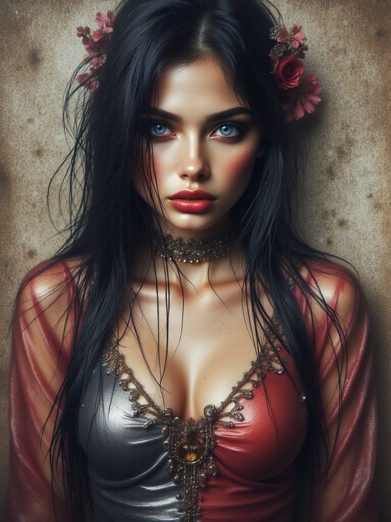 <lora:HRH-Rain-Woven:1.0> Aged black canvas, a beautiful hyper detailed,,  long raven haired, stunningly beautiful blue eyed playful curvy g...