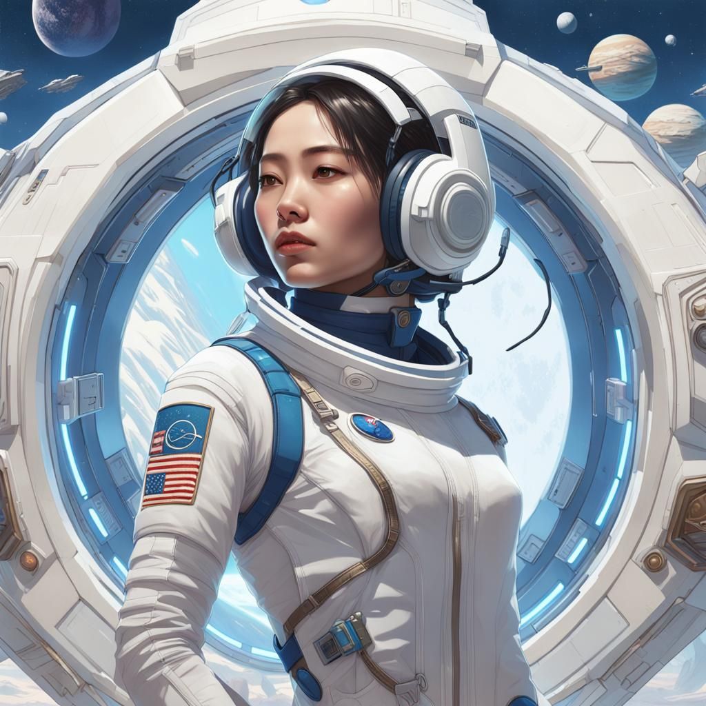 Korean girl astronaut standing arms akimbo in a futuristic space capsule in high white boots, a one-piece white swimsuit...