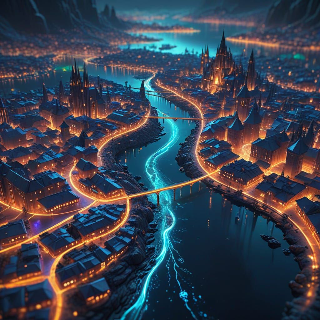A fantasy city laid out like a glowing map  by @Volley-ball-lover
